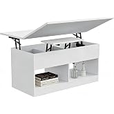 SHOWHA Coffee Table, Height Adjustable Living Room Table, Coffee Table with Riser Plate, 2 Open Compartments and Hidden Stora