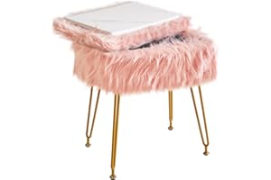 IBUYKE Rectangular Faux Fur Vanity Stool with Storage, Furry Makeup Chair Ottoman, Soft Padded Seat, Round Footrest Footstools with 4 Metal Legs, for Living Room Bedroom Entryway, Pink WBD022P