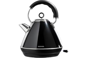 Daewoo Kensington, Pyramid Kettle Electric, Stainless Steel, Family Size, Fast Boil, Auto Shut Off, 360 Swivel Base, Cord Storage, Power Indicator, Removable Filter For Easy Cleaning, Black