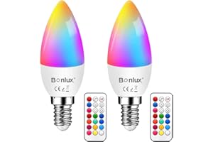 Bonlux E14 Colour Changing RGB LED Candle Bulbs Dimmable, C35 3W Memory & Timing Function, Warm White 3000K 12 Color RGBW Coloured SES LED Light Bulbs for Home/Decoration/Party/KTV Mood Lighting