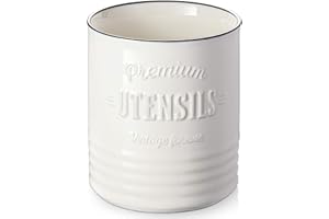 DOWAN Portautensili, 18,0 X 15,7 cm, Utensili da Cucina in Ceramica di Grandi Dimensioni, Vaso per Utensili da Cucina Vintage, Profondo e Stabile, Tappetino in Sughero, Bianco