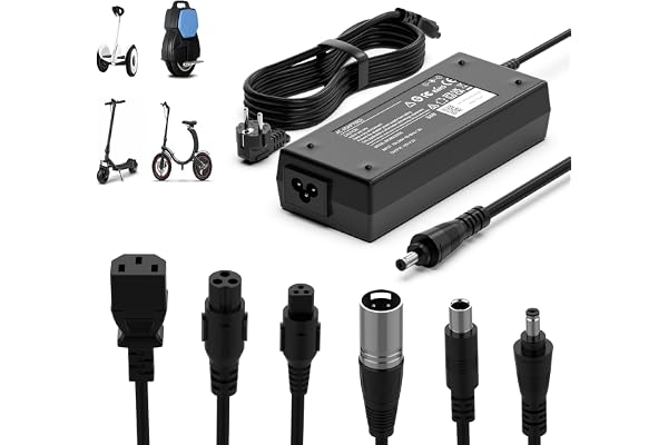 42V 2A Laddare för Elektrisk Skoter och Hoverboard | 6 Universella Kontakter, Kompatibel med Balansskotrar, Kompatibel med M3