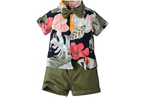 OLIPHEE Jungen Gentleman Anzüge Kinder Kurzarm Hawaii Hemd T-Shirts + Kurze Hose mit Tasche Freizeit Suit Strand Urlaub Sommer Set