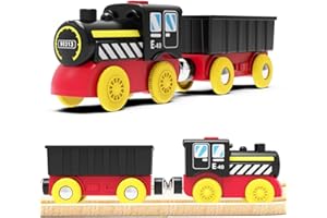 LiRiQi Pociąg lokomotyw na baterie, drewniany pociąg, zabawki magnetyczne w elektrycznym pociągu dla dzieci, gry Montessori, kompatybilne z Thomas, Brio, Chuggington, zabawki dla chłopców i dziewcząt