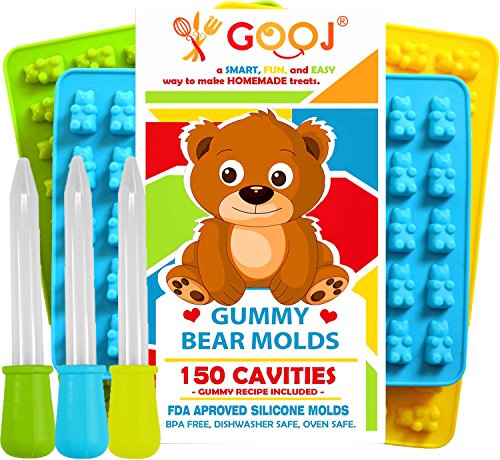 gooj-gummy Bär molds- 3 Silikon Formen 150 Gummy Bears + um 3 droppers- BPA-frei (3 Pack, blau, grün, gelb) Blue, Green and yellow
