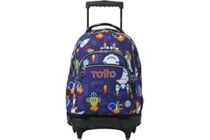TOTTO - Mochila Escolar con Ruedas, Modelo Renglones, Capacidad 26,21 Litros, Bolsillo para PC 14", Bolsillo Botella, Correas en S para Mayor Comodidad, Resistente, Estampado Space Blue