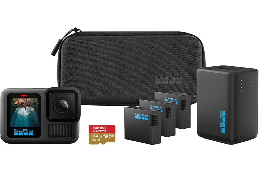 GoPro HERO13 Black Extended Power Bundle - Includes Dual Charger, 3 Enduro Batteries, 64GB MicroSD Card, Curved Adhesive Mount and Camera Case