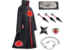 Amycute Costume Akatsuki Itachi Cape Cosplay Deguisement Akatsuki Uchiha Itachi Bandeau Bague Collier Ninja Accessoires Anime Carnaval Halloween Noël pour Adulte Enfant (S)