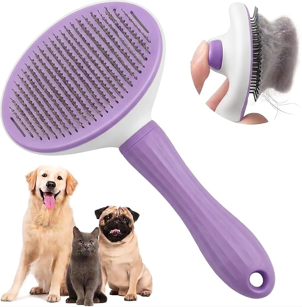 MADPET Mor Basmalı Kedi ve Köpek Tarağı – Otomatik Temizlenen Pet Fırçası – Paslanmaz Çelik İğneli – Ergonomik Saplı – Tüy Toplama ve Bakım İçin Pratik Tarak