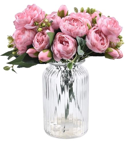 BLOSMON Kunstblumen Rosenstrauß – 24 Köpfe, Champagner & Rosa, 6 Stück, Für Hochzeit & Deko