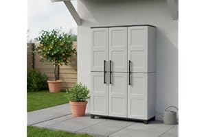 Dmora - Armadio da esterno Nandrin, Mobile porta scope, Armadietto da esterno 3 ante, 100% Made in Italy, 102x37h169 cm, Grigio chiaro e Nero, Finitura quadri