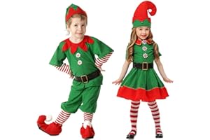 Genérico Disfraz de Elfo de Navidad para Niño, Disfraz Elfo Niño con Top, Pantalones, Cinturón, Cubrebotas y Gorro Conjunto Cosplay para Navidad, Carnaval, Actividades Escolares y Fiesta de Papá Noel