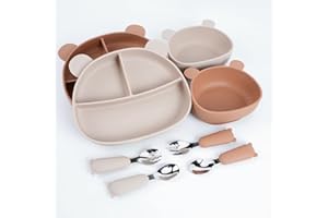 Silicone Bear Feeding Set | Suction Divided Plate, Suction Bowl & Cutlery Set | Baby & Toddler Tableware by Aloonii (Taupe)