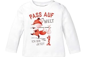 MoonWorks® - Maglietta a maniche lunghe per bambini, 1° compleanno, passaporto sul mondo ich Bin jetzt 1 2 volpe, in cotone biologico