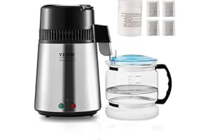 VEVOR Distillateur d'Eau 4 L Machine à Eau Distillée 1 L/h 24 L/Jour Machine à Distiller l'Eau Intérieur en Inox Alimentaire Haut Rendement pour Purification d’Eau du Robinet Maison Bureau Clinique