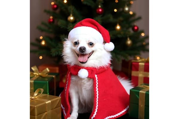 Krisah Pet Christmas Costume, Santa Claus Dress with Cap for Small Dogs and Cats, Red and White, Adjustable Collar Neck