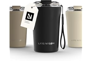 LARS NYSØM Termo kubek do kawy na wynos z uchwytem i pokrywką Tritan | kubek podróżny 0,38 litra z izolacją | szczelny stalowy kubeczek termiczny do kawy i herbaty (Carbon Black, 380ml)