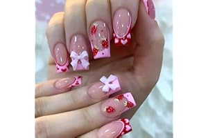 Yamobi Zestaw 24 kwadratowych krótkich paznokci, różowe krawędzie, z motywem wiśni, kompletne akrylowe paznokcie dla dziewcząt