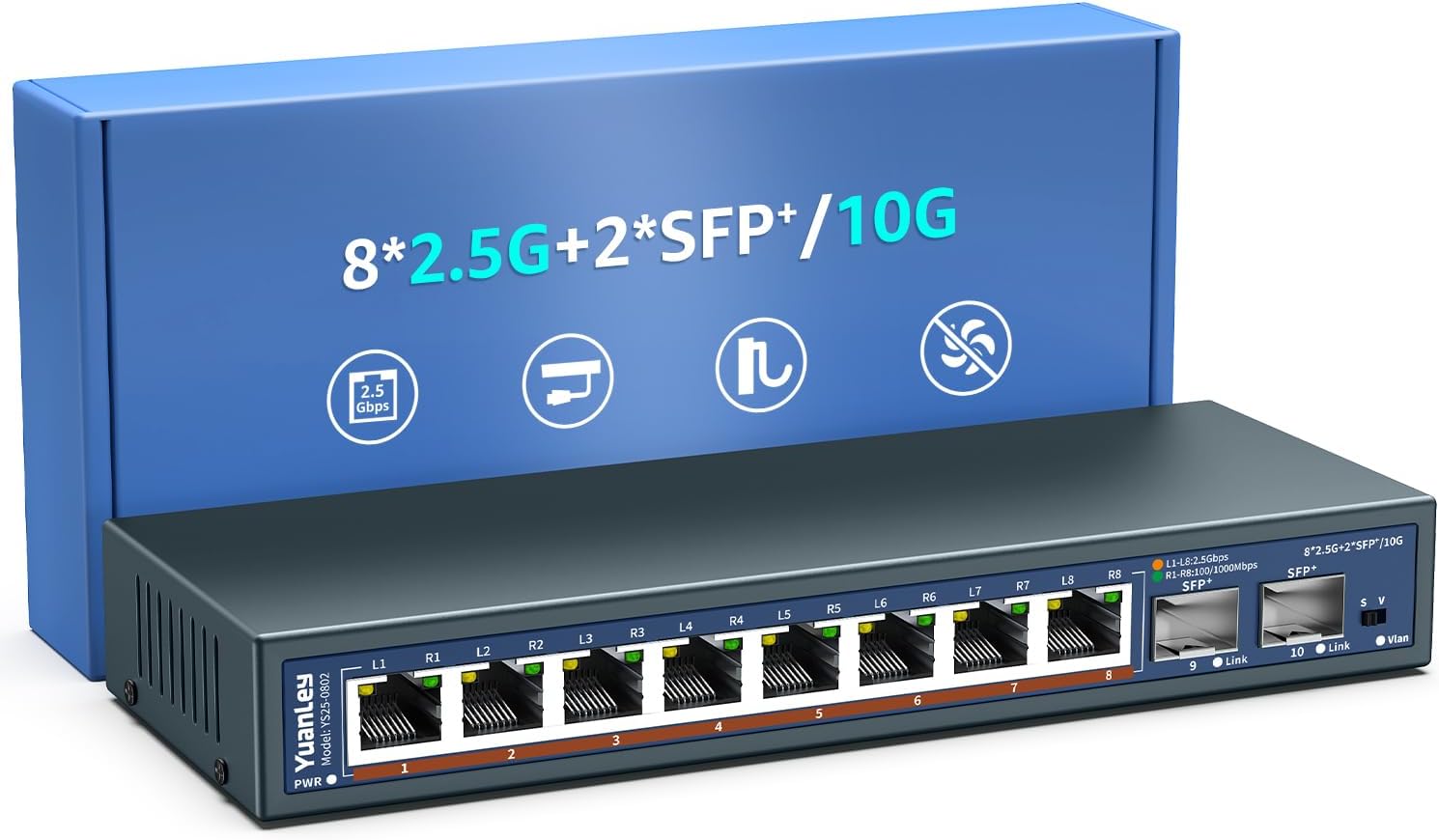 Switch Ethernet No Gestionado de 10 Puertos 2,5G, 8 Puertos 2,5G Base-T, 2 x 10G SFP, Compatible con 100/1000/2500Mbps, Montaje en Parede, Switch de Red YuanLey 2,5Gbe para Ap Inalámbrico, NAS, PC
