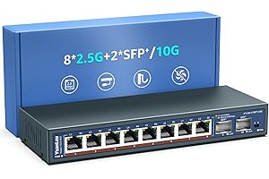 Switch Ethernet No Gestionado de 10 Puertos 2,5G, 8 Puertos 2,5G Base-T, 2 x 10G SFP, Compatible con 100/1000/2500Mbps, Montaje en Parede, Switch de Red YuanLey 2,5Gbe para Ap Inalámbrico, NAS, PC