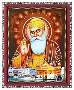 KHANNA Guru Nanak dev ji with Golden temple Giving Blessing Photo Frame for Wall Hanging/Gift/Temple/puja Room/Home Decor Golden design Frame with unbreakable Acrylic glass for Worship