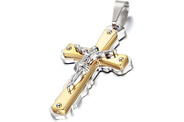 Flongo Collier Pendentif Acier Inoxydable Croix Chrétien Jésus Chaîne 55mm Couleur Argent Doré Bijoux Cadeau pour Homme