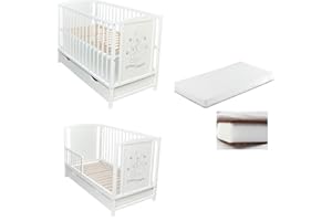 ‎DEDSTORE-BABY Dedstore-Baby Kinderbett Gitterbett Babybett mit Motiv 120x60 Weiß Schutzgitter Massivholz Matratze (Kokos-Schaum-Kokos120x60x8 cm) Sweet Dreams