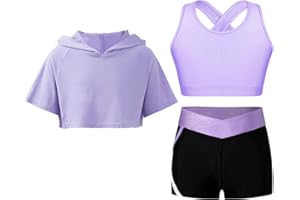 YEAHDOR Enfant Fille Ensemble Sport Justaucorps de Patinage Manches Courtes Sweat à Capuche + Brassière Sport + Short Gymnastique Fitness Running Sportswear 5-16 ans