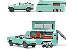 TOPRON Tesla Cybertruck Modellino Auto, ​​​​Truck Giocattolo con Camper, Moto da Spiaggia,1:32 per Rimorchio Pickup in Lega Pressofusa con Luce e Suono, per Bambini dai 3 Anni in su (Argento)