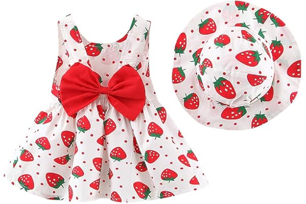 FYMNSI Bébé Robe d'été décontractée pour Fille en Coton avec Chapeau 2pcs Ensemble Fraise Pois Fleur à Imprimé Noeud Papillon sans Manches Marige Princess Ceremonie Naissance Tout Petit Vêtements