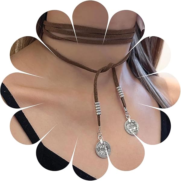 Vintage Leder Choker Halskette Mit Feder & Kreis – Braun, Verstellbar 40+5 Cm (Layered Look)