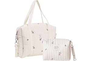 Gehanico Diaper Bag Embroidered Quilted Cotton Stylish Large Capacity Durable Portable Travel Diaper Bag with 2 Stroller Straps