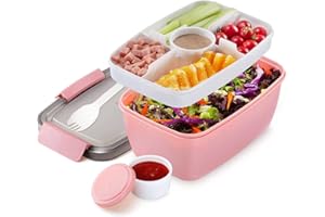 MUJUZE Bento Box duże pudełko na lunch dla dorosłych, 2000 ml, z przegródkami, 2-poziomowe pudełko na sałatkę na wynos,bez BPA, ze sztućcami, pudełko na lunch do pracy/pikniku (Pink)