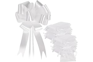 DOITSU 100 Fiocchi Coccarde Bianchi Matrimonio +100 Sacchetti in Organza Bianche Auto Fiocchi Macchina Matrimonio Coccarda Auto Fiocco Sposi Addobbi Decorazioni Ciocche Idee Originali Autotiranti Nastro