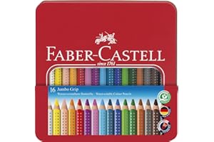 FABER-CASTELL 110916 - Set de crayons de couleur Jumbo Grip, 16 crayons dans un étui métallique, facilement lavables et incassables