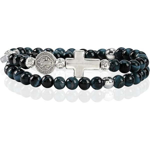 Bracciale con perline a croce da uomo, bracciale con onice nero, agata, pietra lavica, ematite, pietra del sole, bracciale regolabile, regalo per uomo, bracciale con pietre preziose - Italia