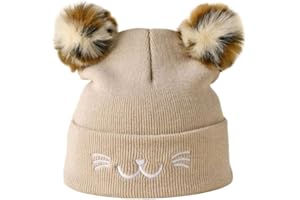 Textiles 4 Home Women’s Girls Knitted Winter Beanie Hat with Two Pom Poms and Embroidered Cat Whiskers