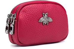 ALOUWEEKUKY Porte-Monnaie en Cuir véritable pour Femme - Double Zipper Bee Change Pouch Wallet Card Holder Porte-Monnaie Mini Simple Cute Coin Pocket utile pour Les Femmes
