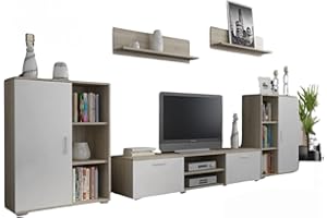 Per la vita Wohnwand Herkules, Schrankwand Wohnzimmer Modern, Wohnzimmerschrank mit Fernsehtisch, Sideboard und Wandregal Wohnzimmer Komplett Möbel - Sonoma/Weiß