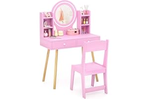 GYMAX Kids Vanity Table and Chair, Wooden Girls Dressing Tables with 2-Color LED Lighted Mirror, 2 Drawers and Storage Shelves, Children Makeup Desk Set for 3 Years Old+ (Pink)