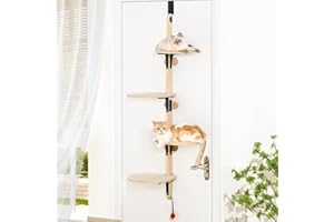 MEWOOFUN Scaffale verticale per gatti a 4 livelli, versatile in legno, da appendere alla porta, stabile e stabile, con assi in moquette, per gatti da interni, 166 x 64,5 x 30 cm