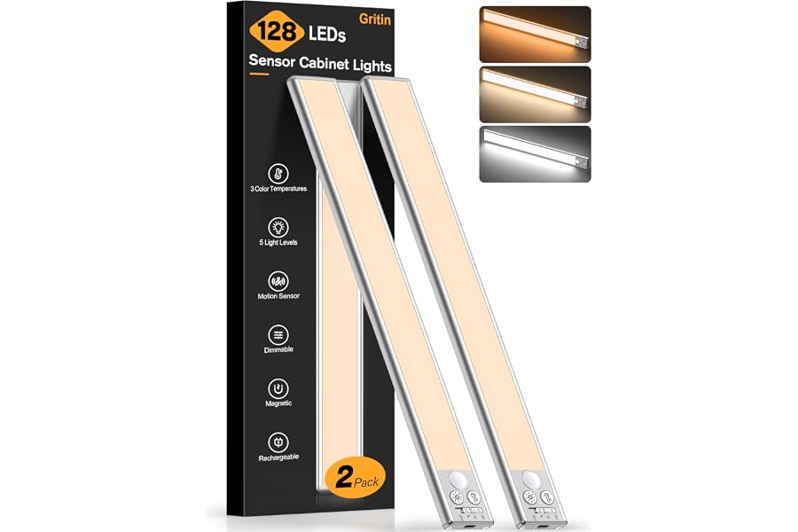Gritin Luz de Armario Recargable, 37.5CM Superbrillantes Luces Cocina, 2uds | 3 Colores & 5 Niveles de Brillo, 4 Modos,