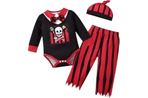 Odizli Costume d'Halloween pour bébé garçon avec squelette de pirate, barboteuse, manches longues, pantalon et chapeau