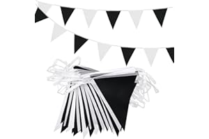 ADQUATOR 20m 52pcs Black White Pennant Bunting,Double Sided Reusable Polyester Fabric Two-tone Triangle Flags Banner for Indoor Outdoor Birthday Party Decorations