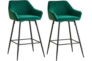 AINPECCA Bar stools Set of 2 Green Velvet Fabric Upholstered Seat with Backrest & Armrest Black Metal Legs Counter Breakfast Chairs Kitchen