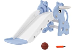 AIYAPLAY Toboggan pour Enfants 3 en 1 en Forme de Girafe avec Panier de Basket, Escalade et Ballon, Toboggan intérieur pour Enfants de 1 à 3 Ans, 106 x 51,5 x 52 cm, Bleu