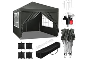 WOLTU Tonnelle de Jardin avec 4 Sacs de Sable Tente Pliante Auvent Pliable Imperméable Protection du Soleil UV 50+ avec Un Chiffon Sac de Transport Inclus Hauteur Réglable 3x3m Gris