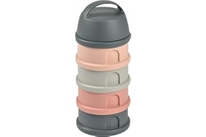 BÉABA Recipiente dosificador de leche en polvo, Dispensador de Leche Bebé, Apilable, 4 Compartimentos, 100% Hermética, Fabricado en Francia Uso evolutivo como caja de snacks, Mineral grey/pink