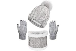 CheChury Conjunto de Bufanda Gorro de Punto y Guantes de Punto de Invierno Gorro con Pompón Invierno Regalos Mujer Unisexo Guantes Táctiles Gorras Con Bufanda Suave Moda Conjunto de Guantes de Punto