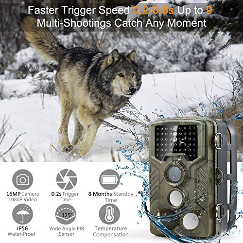[Versión Actualizada] Cámara de Caza Coolife 16MP 1080P HD Trail Cámara con Visión Nocturna Impermeable IP56 con PIR Infrarrojo Sensor de Movimiento 46 Pcs IR LEDs de 2.4